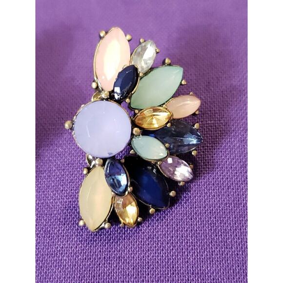 Multicolored Rhinestone Half Flower Shaped Drop Earrings Antiqued Brass Tone New - Picture 3 of 8